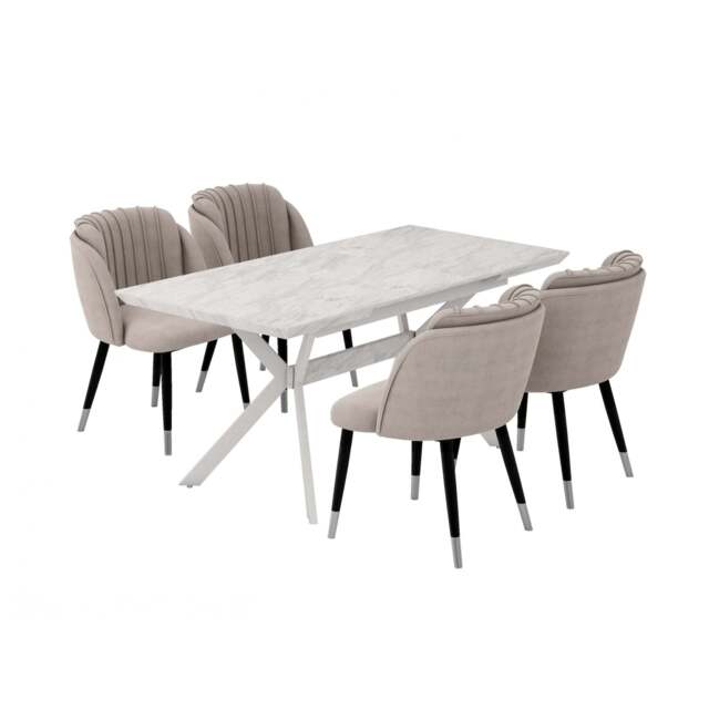 Milano Blaze LUX Dining Set - a White EXTENDABLE Dining Table & 4 Velvet Dining Chairs with Silver End Caps - Grey