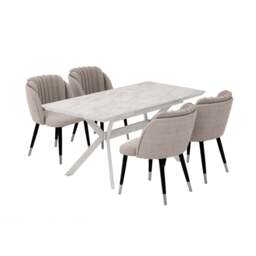 Milano Blaze LUX Dining Set - a White EXTENDABLE Dining Table & 4 Velvet Dining Chairs with Silver End Caps - Grey