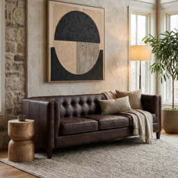 King Dark Brown Leather Button Tufted 3 Seater Modern Chesterfield Sofa