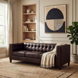 King Dark Brown Leather Button Tufted 3 Seater Modern Chesterfield Sofa - thumbnail 6
