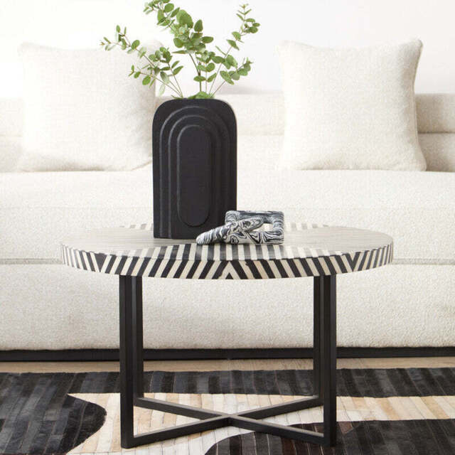 Boho Black and White Bone Inlay Coffee Table with Metal Base - image 1