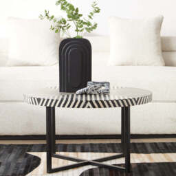 Boho Black and White Bone Inlay Coffee Table with Metal Base - thumbnail 1