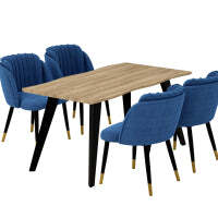 Milano Rocco Duke LUX Dining Set - a Oak Dining Table & 4 Velvet Dining Chairs with Silver End Caps - Blue