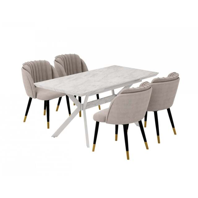 Milano Blaze LUX Dining Set - a White EXTENDABLE Dining Table & 4 Velvet Dining Chairs with Gold End Caps - Grey