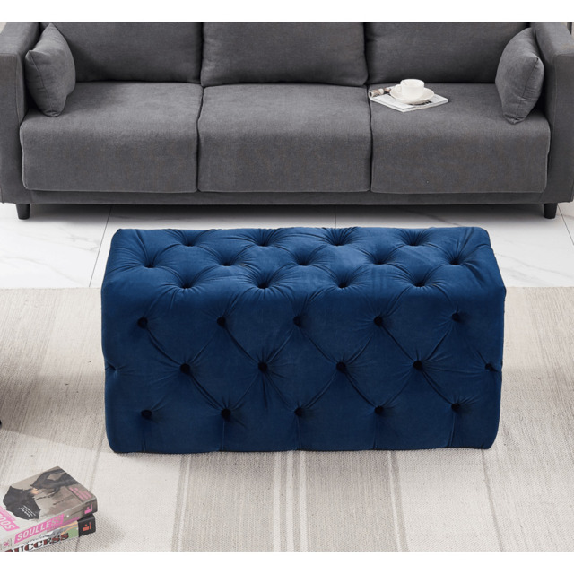 Melia Velvet Ottoman Bench - Blue Fabric