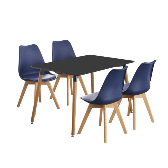 Black Halo Dining Table & Set of 4 Jamie Lorenzo Tulip chairs with Padded Seat - Royal Blue