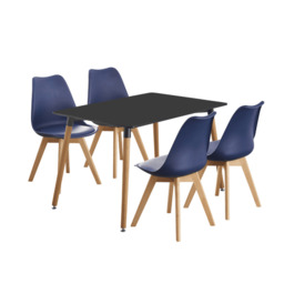 Black Halo Dining Table & Set of 4 Jamie Lorenzo Tulip chairs with Padded Seat - Royal Blue
