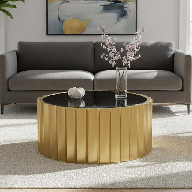 Alvaro Black Glass and Gold Finish Round Coffee Table with Ribbed Texture - image 1