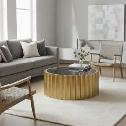 Alvaro Black Glass and Gold Finish Round Coffee Table with Ribbed Texture - thumbnail 3