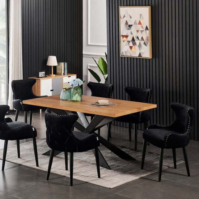 Oxford Duke LUX Dining Set, an Oak Table and Set of 6 Velvet Chairs - Black