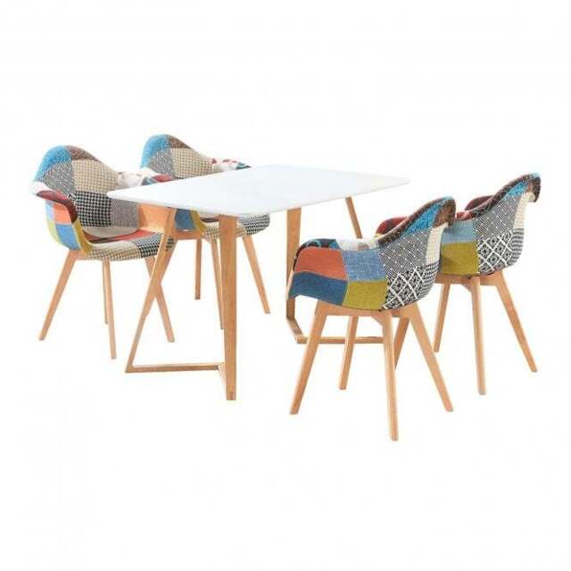 Patchwork Dallas Dining Set for 4 - a Wooden Dining Table & Set of 4 Pacthwork Tub Dining Chairs with Armrests - Scandinavian Design - White