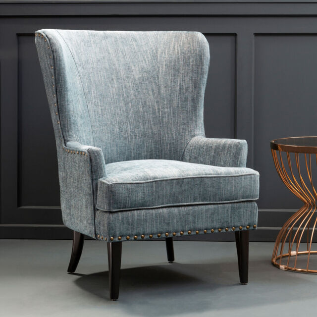 Welham Blue Fabric Wingback Lounge Chair with Wooden Legs - image 1