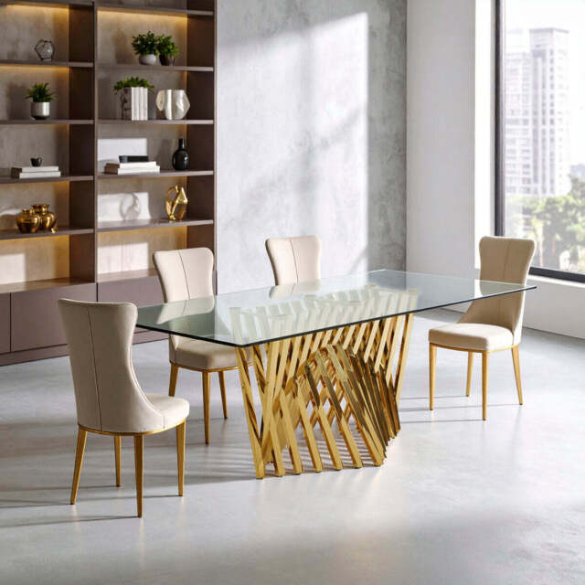 Arezzo Clear Glass Large Dining Table with Gold Finish Base - image 1