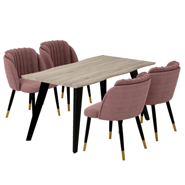 Milano Duke LUX Dining Set, a Light Walunt Dining Table & 4 Velvet Dining Chairs with Gold End Caps - Pink