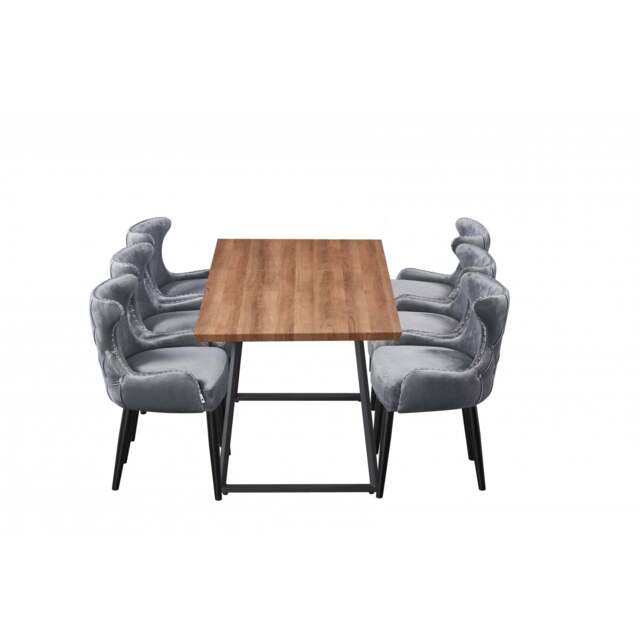 Toga Oxford LUX Dining Set - Toga Extendable Walnut Dining Table w/ a Set of 6 Oxford LUX Velvet Dining Chairs - Dark Grey