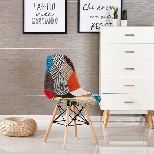 Patchwork Tulip Fabric Dining Chair w/ Wooden Legs & Metal Frame - image 1