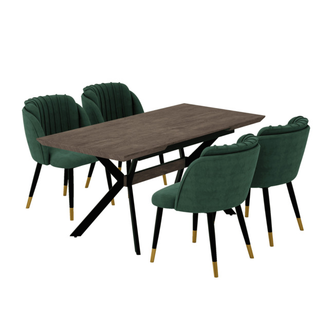 Milano Blaze LUX Extendable Dining Set - a Walnut Extendable Dining Table & 4 Velvet Dining Chairs with Gold End Caps - Green