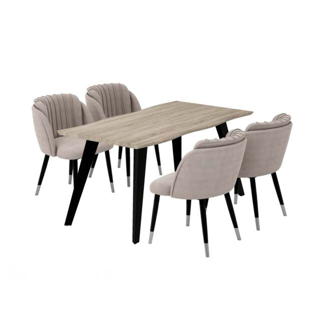 Milano Duke LUX Dining Set - a Light Walunt Dining Table & 4 Velvet Dining Chairs with Silver End Caps - Grey