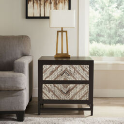 Black Wooden 2-Drawer Bedside Table with Chevron Pattern Drawer Fronts and Metal Handles, Lombok - thumbnail 1