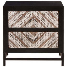 Black Wooden 2-Drawer Bedside Table with Chevron Pattern Drawer Fronts and Metal Handles, Lombok - thumbnail 2