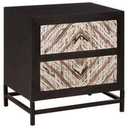 Black Wooden 2-Drawer Bedside Table with Chevron Pattern Drawer Fronts and Metal Handles, Lombok - thumbnail 3