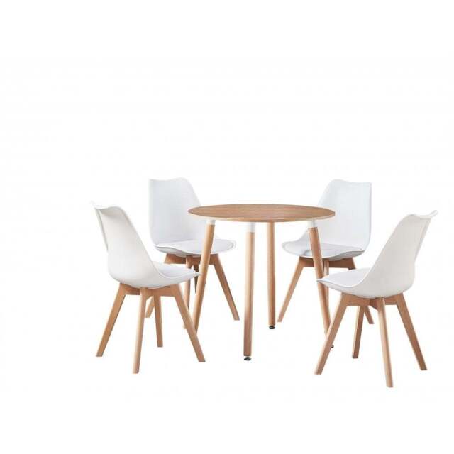 Jamie Halo Round Dining Table Set with 4 Chairs - White / Wood