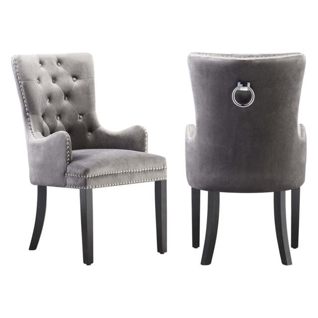 Windsor LUX Knocker Back Velvet Dining Chair w/ Armrests - Dark Grey / Set of 2