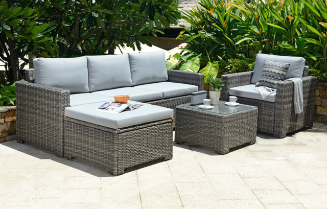Marbella 5-Seater Garden Lounge Set with Ottoman Chaise - Grey Cushions - image 1