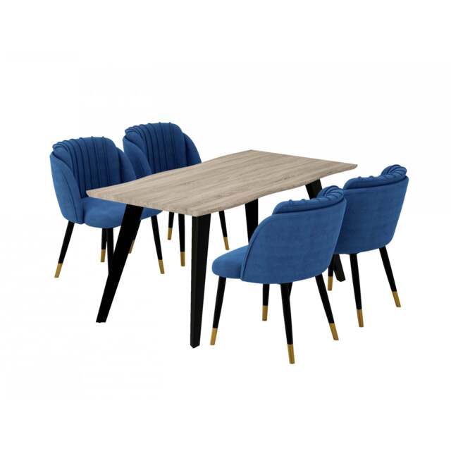 Milano Duke LUX Dining Set, a Light Walunt Dining Table & 4 Velvet Dining Chairs with Gold End Caps - Blue