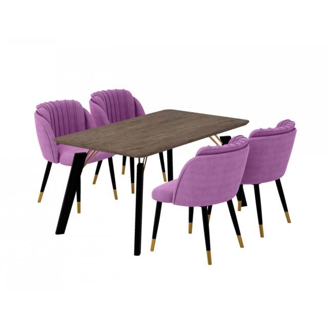 Milano Cosmo LUX Dining Set - a Walnut Dining Table & 4 Dining Chairs with Gold End Caps - Purple