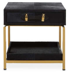 Black Hair-On-Hide Leather Bedside Table with Gold Metal Frame and 1 Drawer, Kensington Townhouse - thumbnail 1