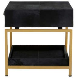 Black Hair-On-Hide Leather Bedside Table with Gold Metal Frame and 1 Drawer, Kensington Townhouse - thumbnail 4