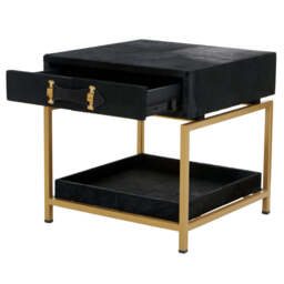 Black Hair-On-Hide Leather Bedside Table with Gold Metal Frame and 1 Drawer, Kensington Townhouse - thumbnail 3