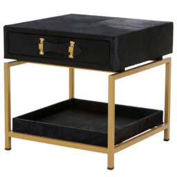 Black Hair-On-Hide Leather Bedside Table with Gold Metal Frame and 1 Drawer, Kensington Townhouse - thumbnail 2
