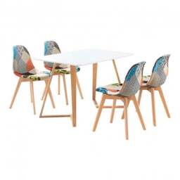 Patchwork Dallas Dining Set for 4 - a Dining Table & Set of 4 Pacthwork Fabric Dining Chairs - Scandinavian Desig - White