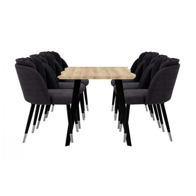 Milano Rocco Duke LUX Dining Set - a Oak Dining Table & 6 Velvet Dining Chairs with Silver End Caps - Black