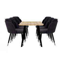 Milano Rocco Duke LUX Dining Set - a Oak Dining Table & 6 Velvet Dining Chairs with Silver End Caps - Black