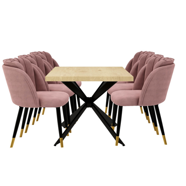 Milano Duke LUX Dining Set - a Oak Dining Table & 6 Dining Chairs with Gold End Caps - Pink