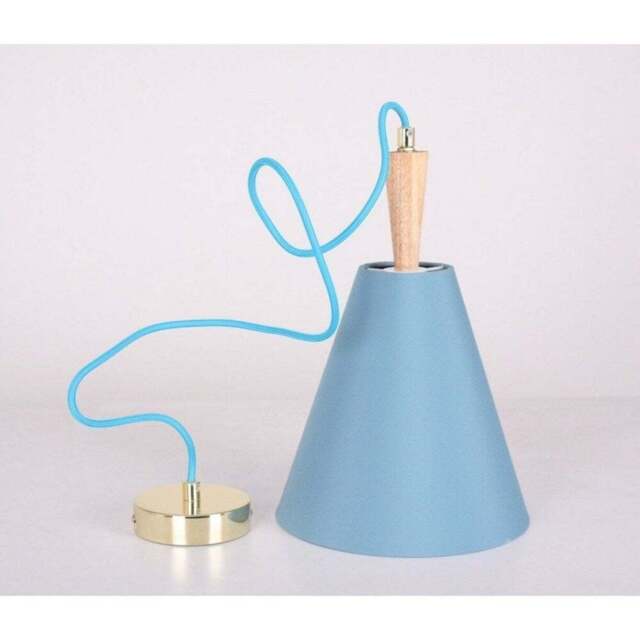 Luce Hanging Blue Ceiling Light with Oak Wood Spindle - image 1