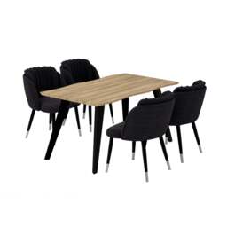 Milano Rocco Duke LUX Dining Set - a Oak Dining Table & 4 Velvet Dining Chairs with Silver End Caps - Black