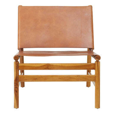 Kendari Brown Leather and Teak Wood Modern Sling Chair - image 1