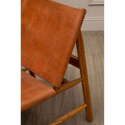 Kendari Brown Leather and Teak Wood Modern Sling Chair - thumbnail 5