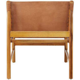 Kendari Brown Leather and Teak Wood Modern Sling Chair - thumbnail 4