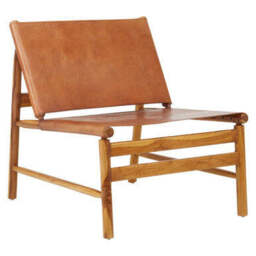 Kendari Brown Leather and Teak Wood Modern Sling Chair - thumbnail 2