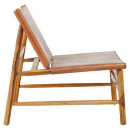 Kendari Brown Leather and Teak Wood Modern Sling Chair - thumbnail 3