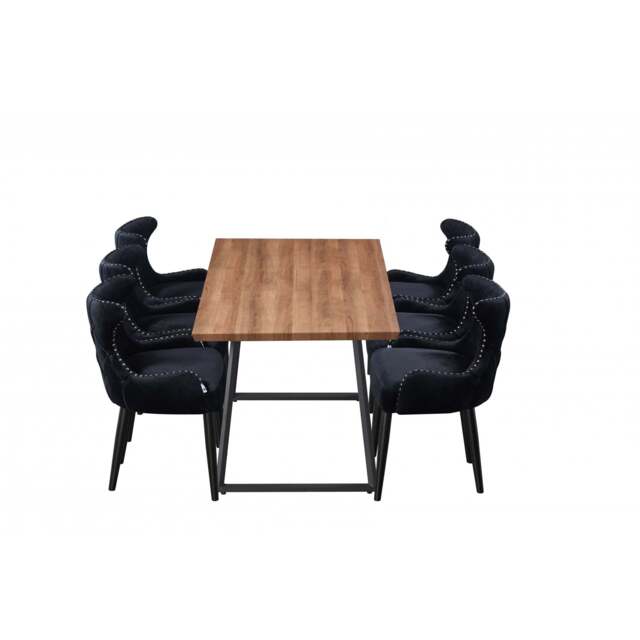 Toga Oxford LUX Dining Set - Toga Extendable Walnut Dining Table w/ a Set of 6 Oxford LUX Velvet Dining Chairs - Black