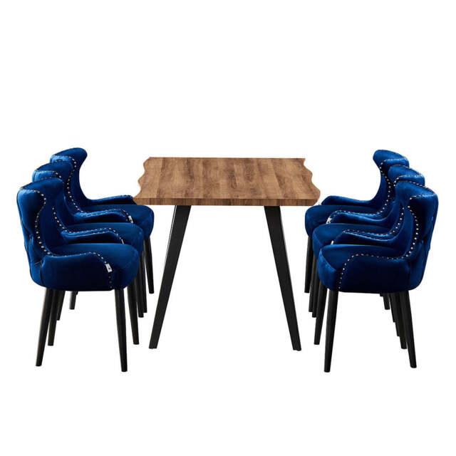 Oxford Rocco LUX 7PCs Dining Set includes an Oak Dining Table and Set of 6 Dining Chairs - Blue
