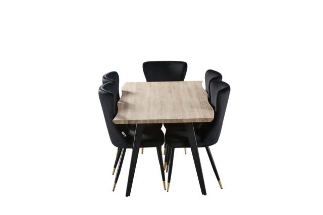 7 Pieces New York Rocco Dining Set - a Walnut Rectangular Dining Table and Set of 6 Green Dining Chairs - Black/ Gold