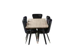 7 Pieces New York Rocco Dining Set - a Walnut Rectangular Dining Table and Set of 6 Green Dining Chairs - Black/ Gold