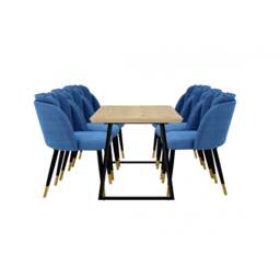 Milano Toga Extendable Dining Set - a Brown Extendable Dining Table & 6 Dining Chairs with Gold End Caps - Blue